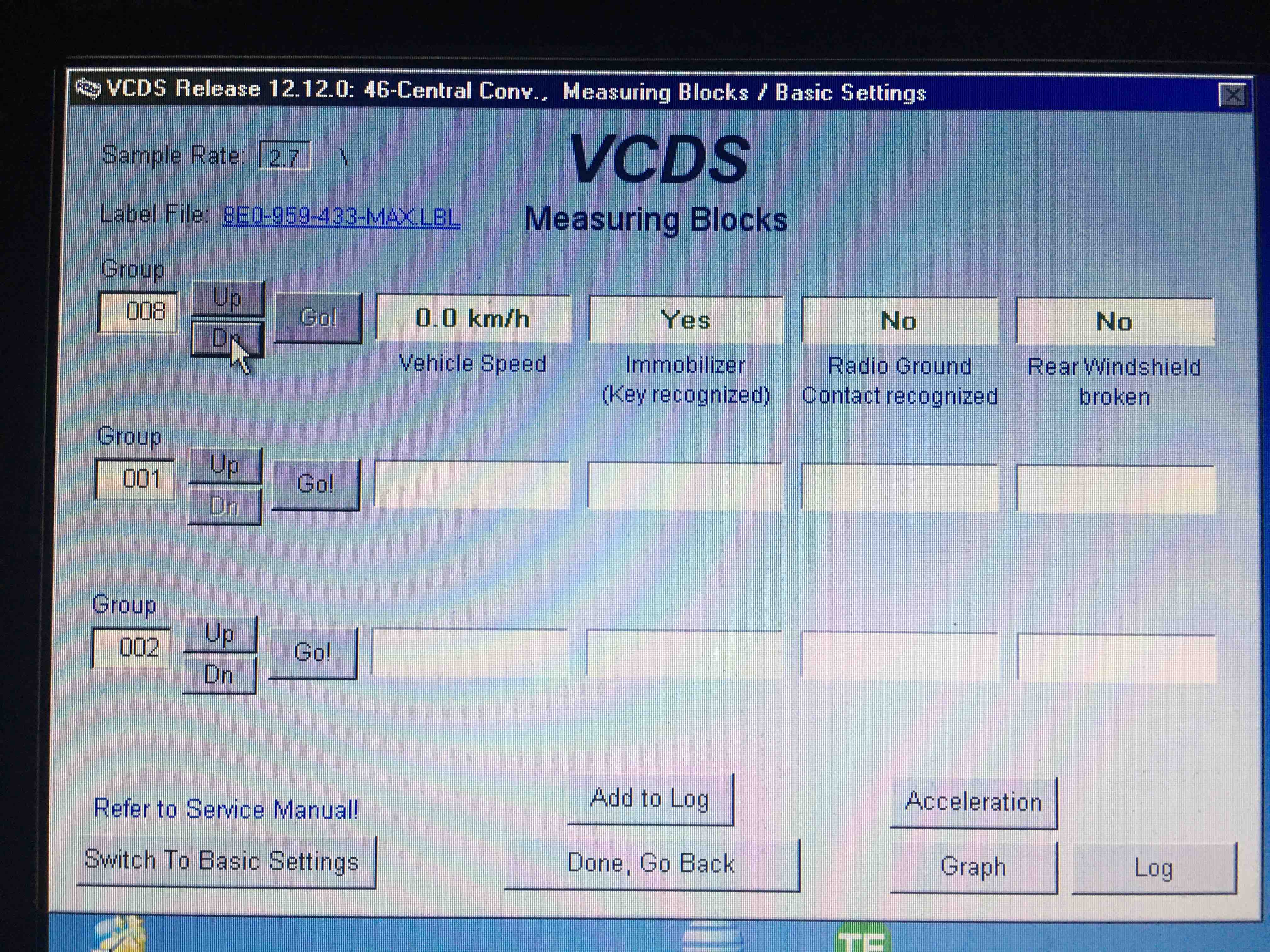 VCDS   Cent Conv   Group 8   Rear Windshield Broken status