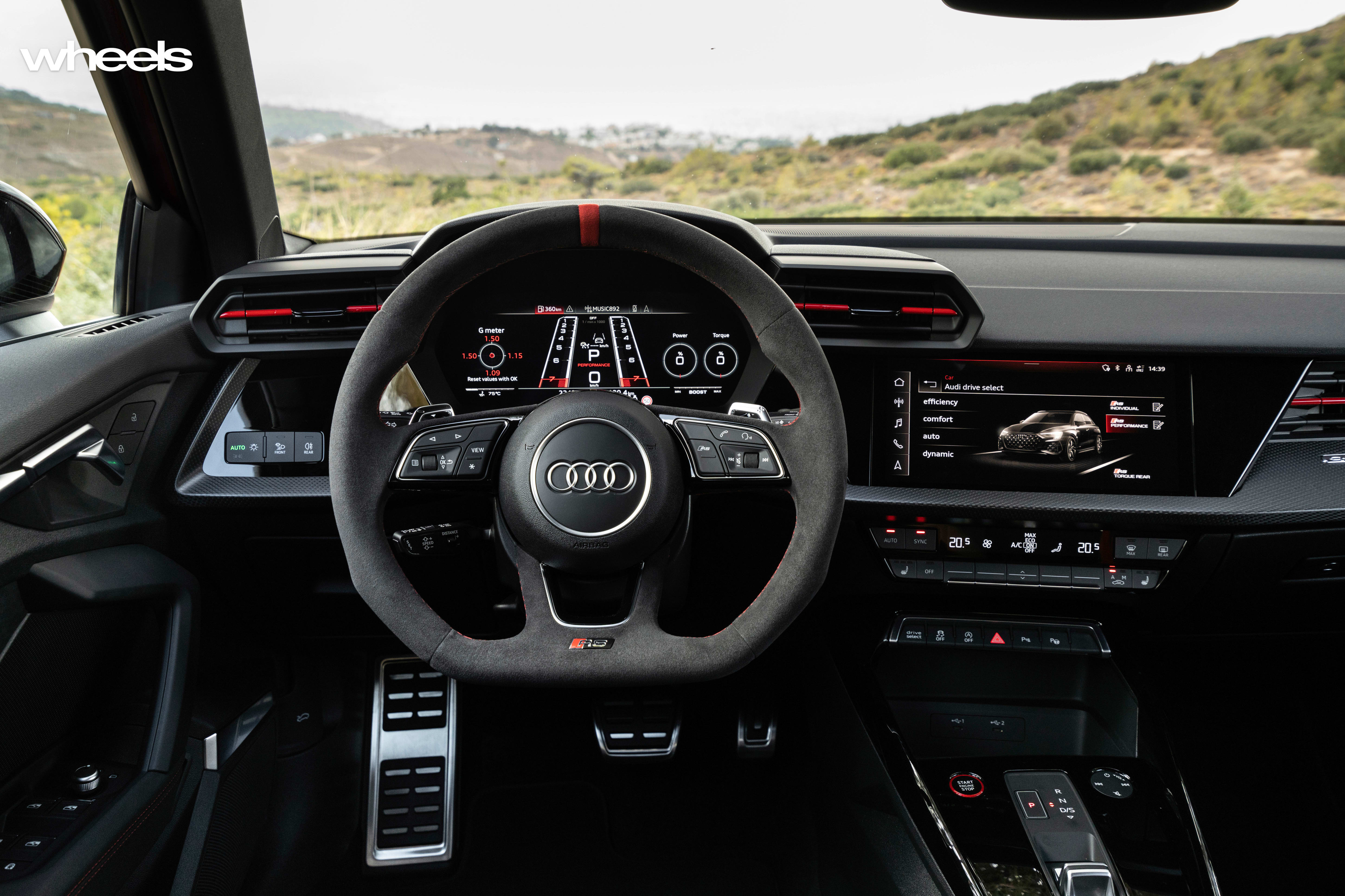 2022 Audi RS3 Sportback Tango Red interior driver cockpit layout Euro spec