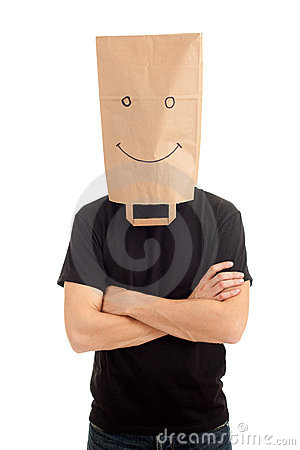 Young man smiling ecological paper bag head 17182312