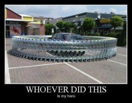 Funny car parking lot surrounded shopping carts trolleys hero pics